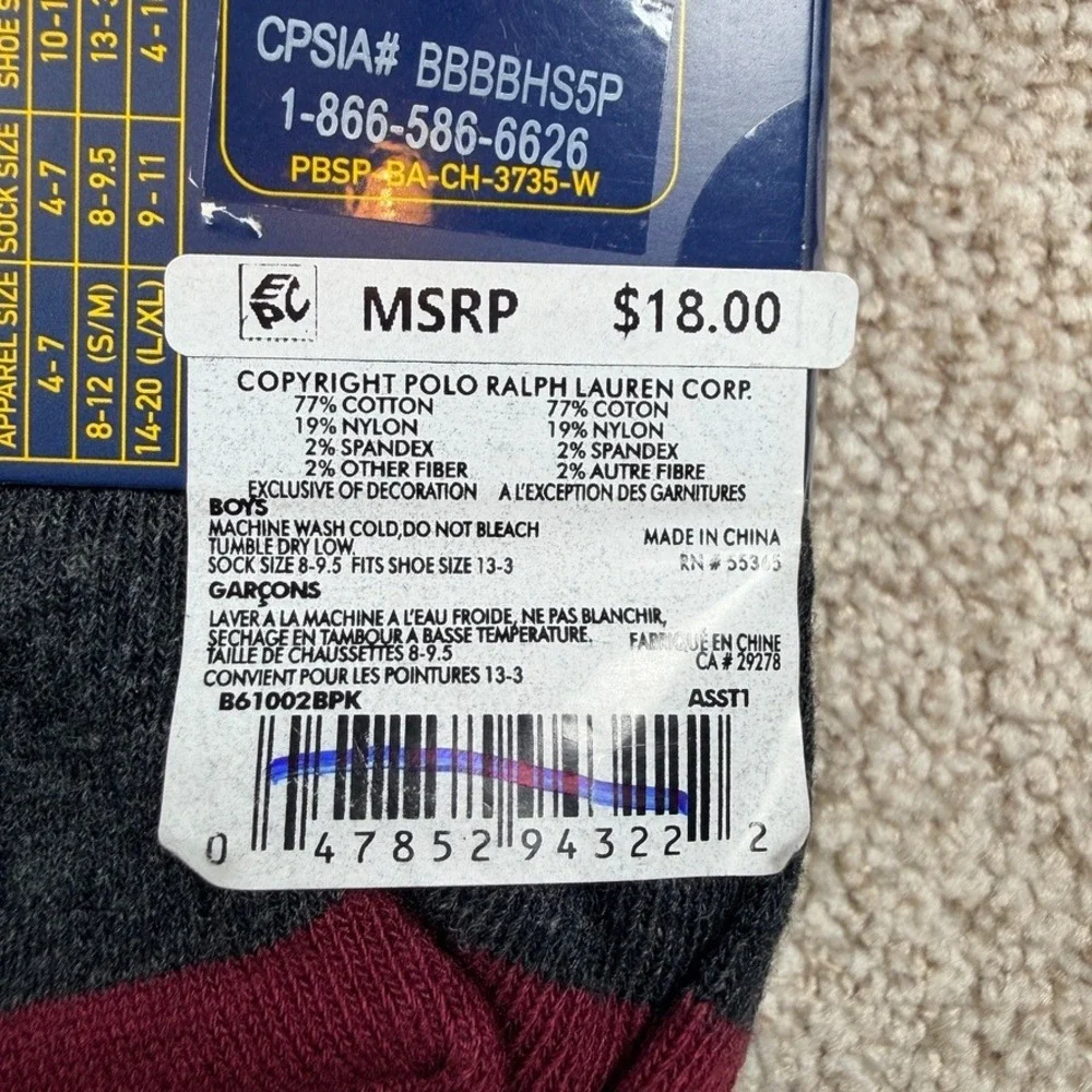 Polo Ralph Lauren Boys 3 Pack Ribbed Crew Socks Navy Gray Charcoal Size 8-9.5